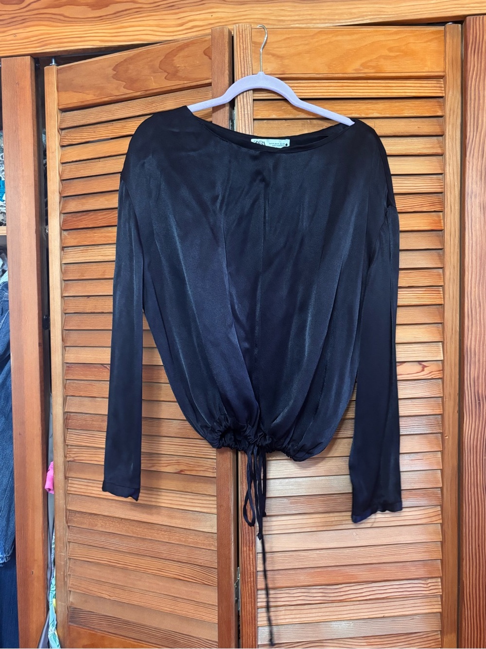 Zara Black Long-Sleeve Drawstring Waist Blouse